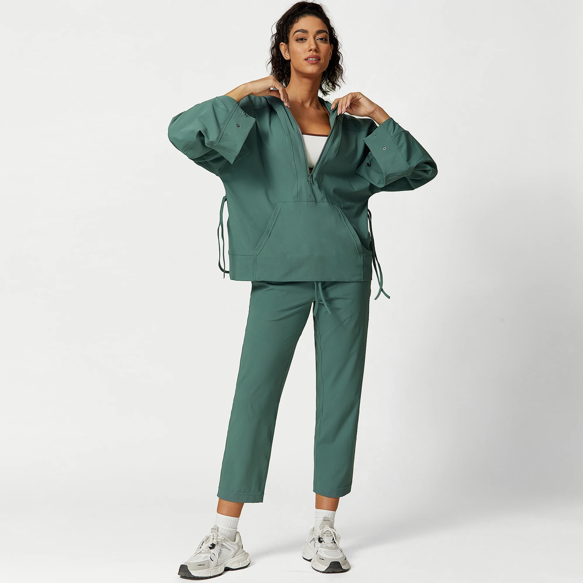 Quickly Dry Oversize Top Half Zippered Pockets Hood Casual&sports Pants Drawstring Adjustable Two Pieces Gym Fitness Sets