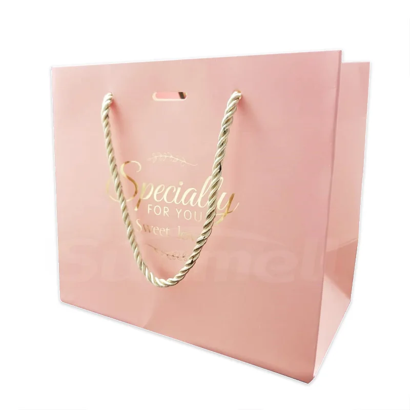 Women Fashion Accessories Packing Pink Gift Bags Custom Logo Paper Shopping Carrier Bag With Drawstring Black Ribbon Handle