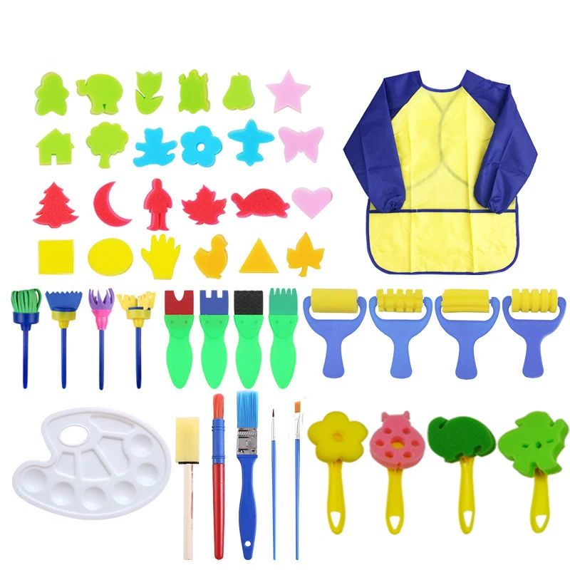 47Kids Early Learning Sponge Painting Brushes Kit for Toddlers Assorted Pattern Waterproof Art Painting Smock Apron