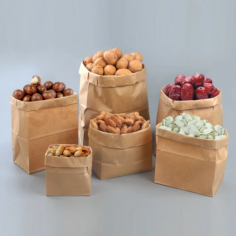 Индивидуальный для пищевых продуктов пакет из крафт-бумаги переработанный коричневый бумажный пакет с логотипом Печатный пакет из крафт-бумаги без ручки