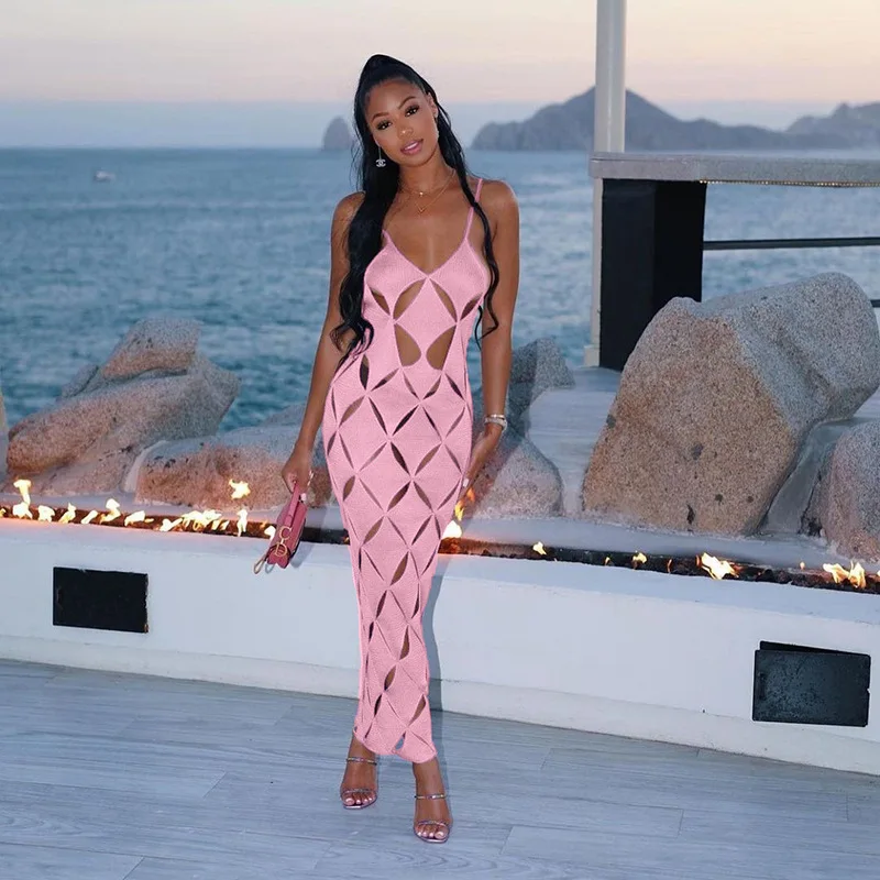 2022 new Party Club wear Women V Neck Sleeveless Maxi dress bodycon sexy Hollow Out plus size Casual elegant dress lady