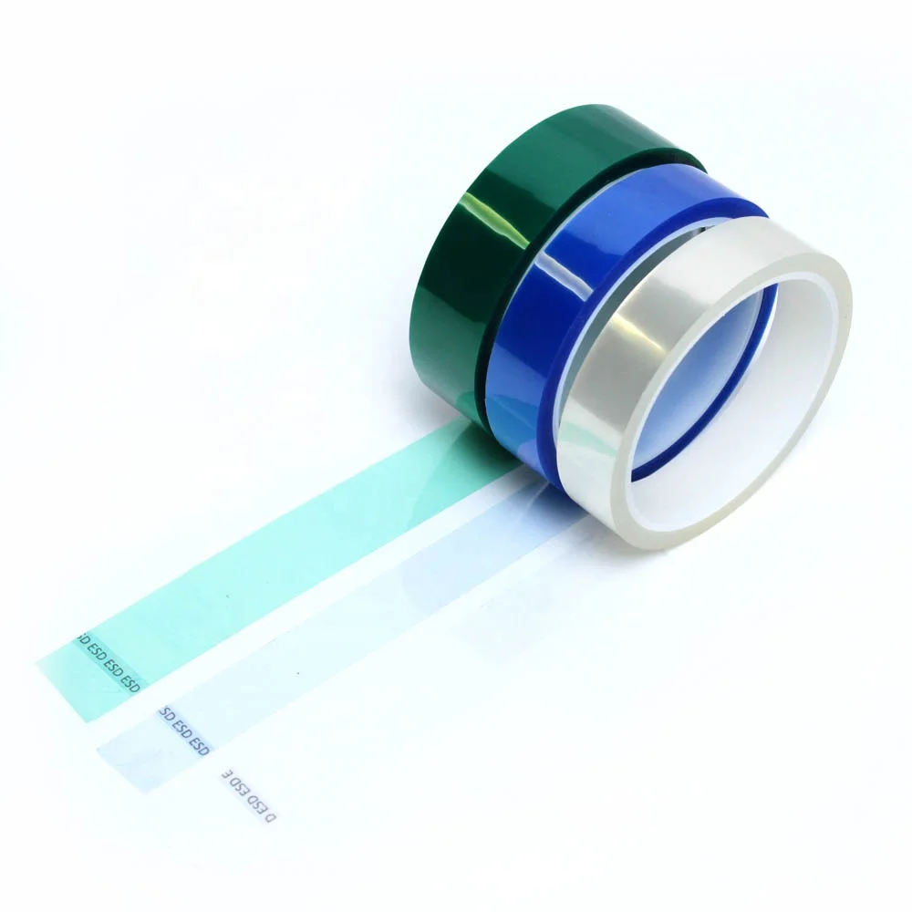 3- High-temp Green Clear Transparent Blue Color Low Static Anti Static ESD Polyester PET Film Silicone Glue Self Adhesive Tape