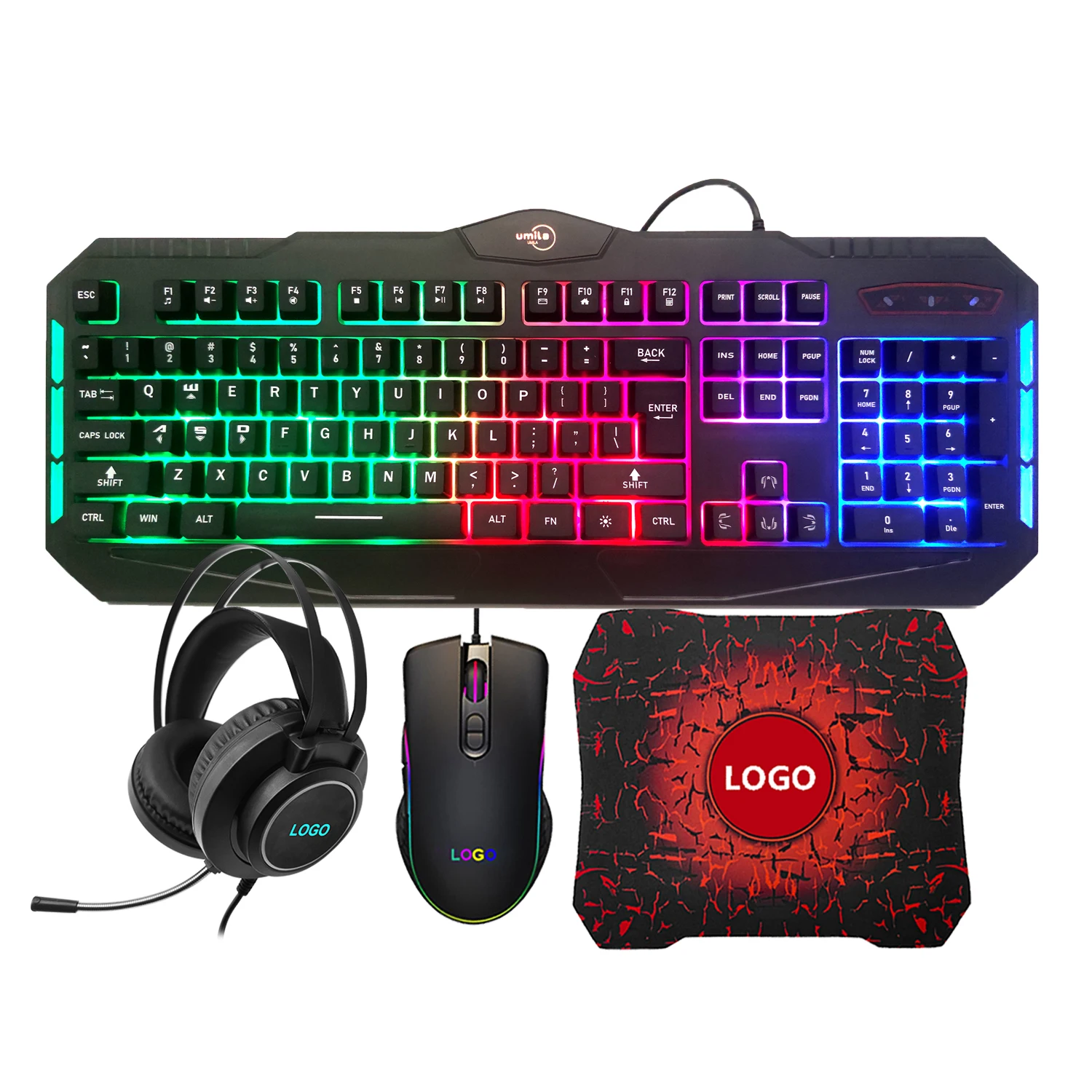 Best Selling104 клавишная ПК светодиодная подсветка RGB Led Rainbow Gamer 1 комплект наушников гарнитура комбо Проводная игровая мышь и