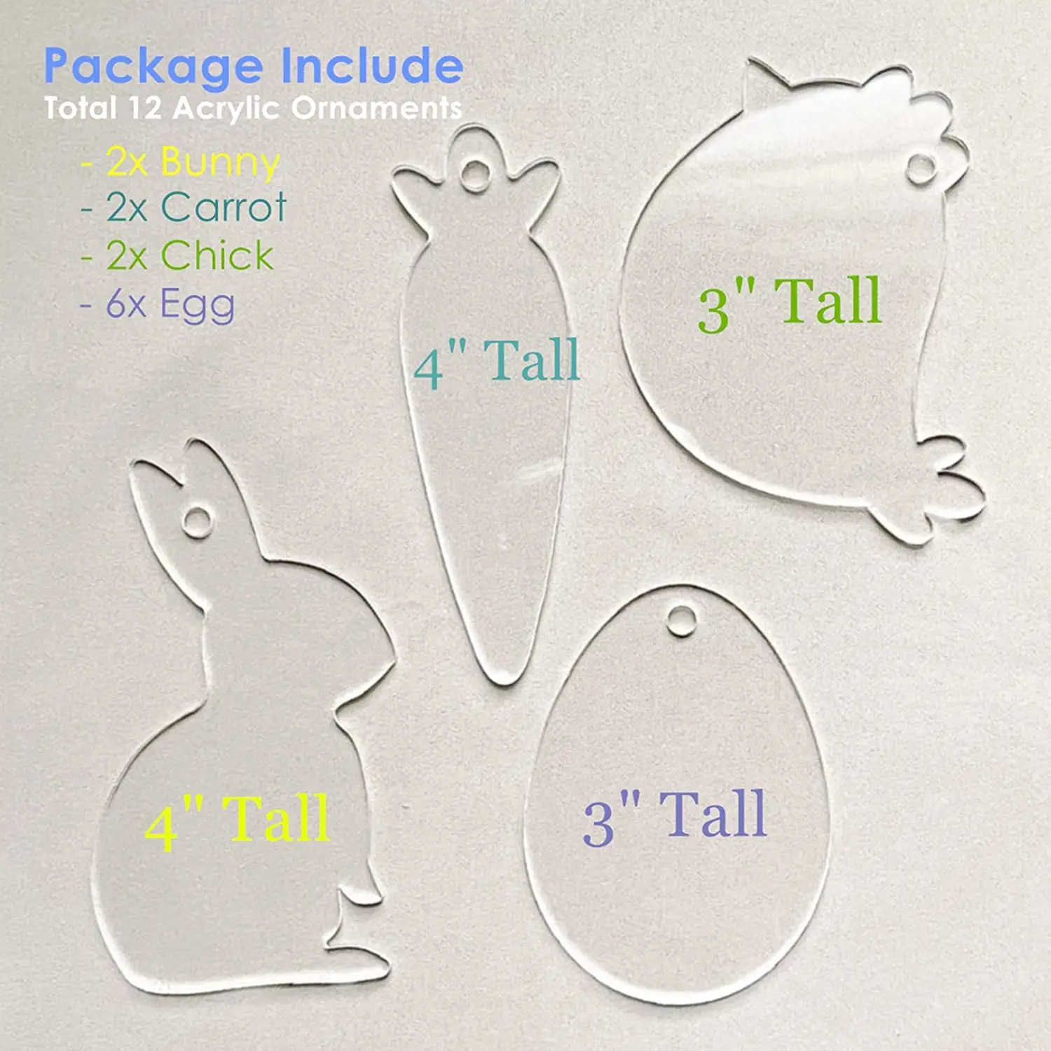 
12 Pack Clear Acrylic Gift Tag,Key Chain,Egg Bunny Carrot Bird Decorative Hanging Ornaments for Easter,Present,Party Decor 