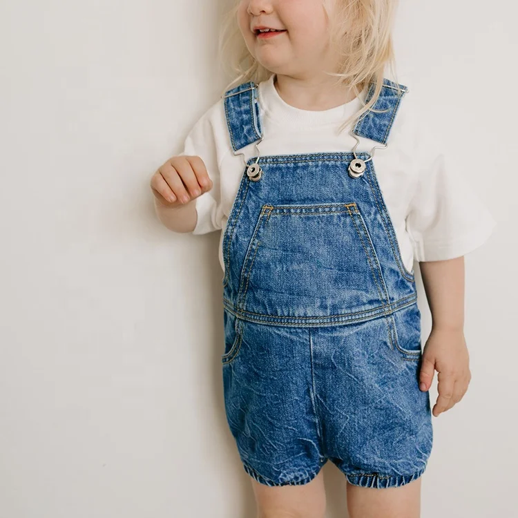 Hot selling summer short denim overalls for children vintage design mid blue denim kids overalls