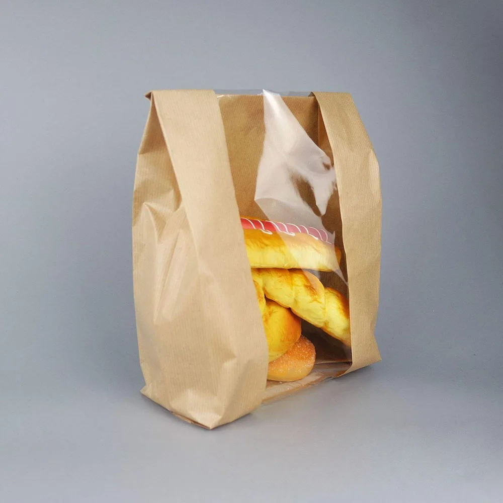 Custom Packaging Kraft Bread Bag Cake Baguette Croissant Box Food Paper Handle Gift Wedding White Disposable Self Adhesive Seal