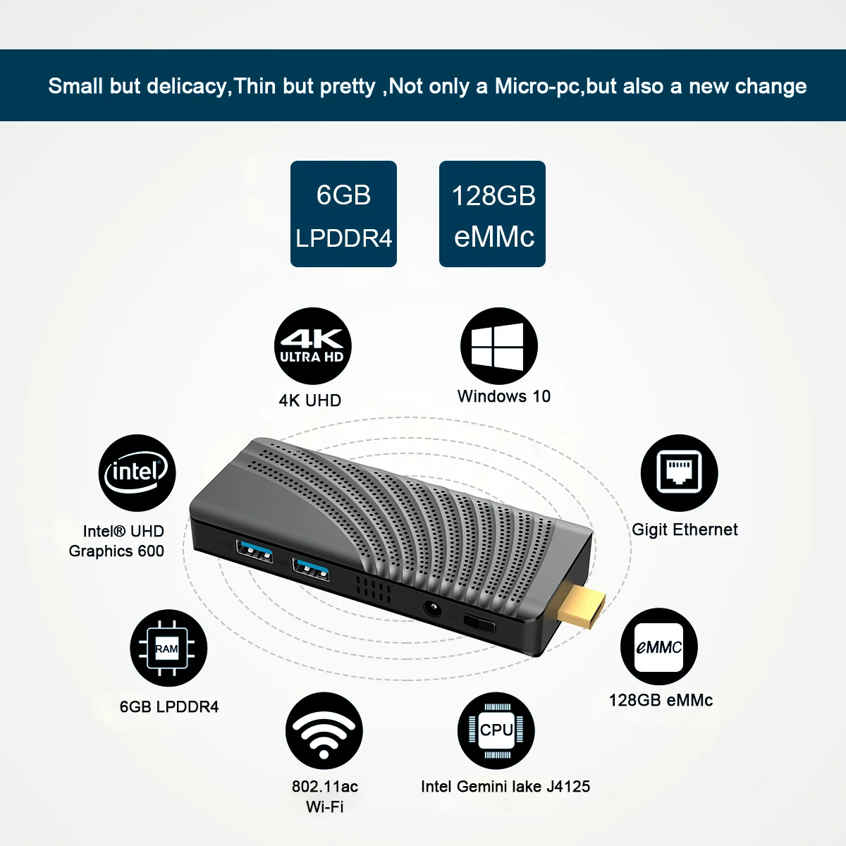 Soyeer Pocket Intel J4125 MINI PC Win10 RAM 6G 128G EMMC T6 PRO PC Stick 4K UHD 1.9Inch USB Computer Fanless MINI PC