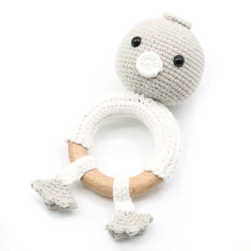 Natural Safety Handmade Wood Baby Rattle Wooden Teething Crochet Teether