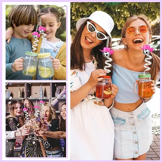 Mini Disco Mirror ball straws with pink cowboy cowgirl hat bar party decorations silver 12 pieces cowboy disco straw