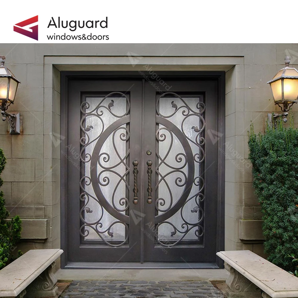 Residential Tempered Glazed Black Wrought Iron French Doors Aluminum For Entrance
