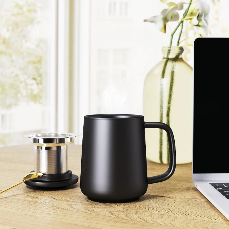 DHPO Custom Logo Black Milk Tea Cup Set Ceramic Class Porcelain Cup with Tea infuser Stainless Steel Portable Tea Mug