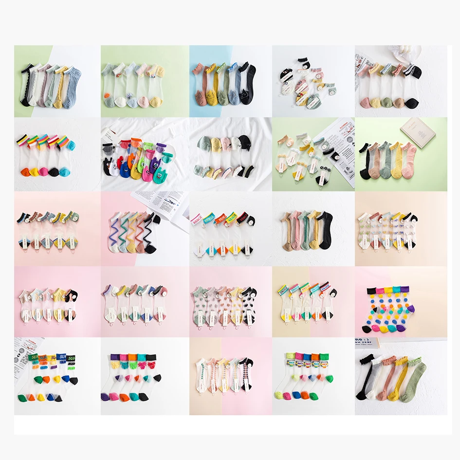 Wholesale custom transparent summer thin lace breathable crystal glass sexy socks for women
