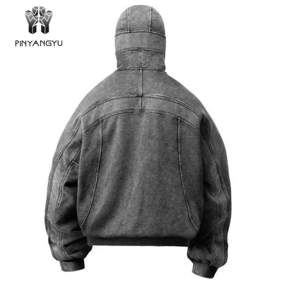 Low Moq Wholesale Drop Shoulder Acid Wash Vintage Hoodie Men Full Face Hood Half Zip Up Retro Ninja Hoodie