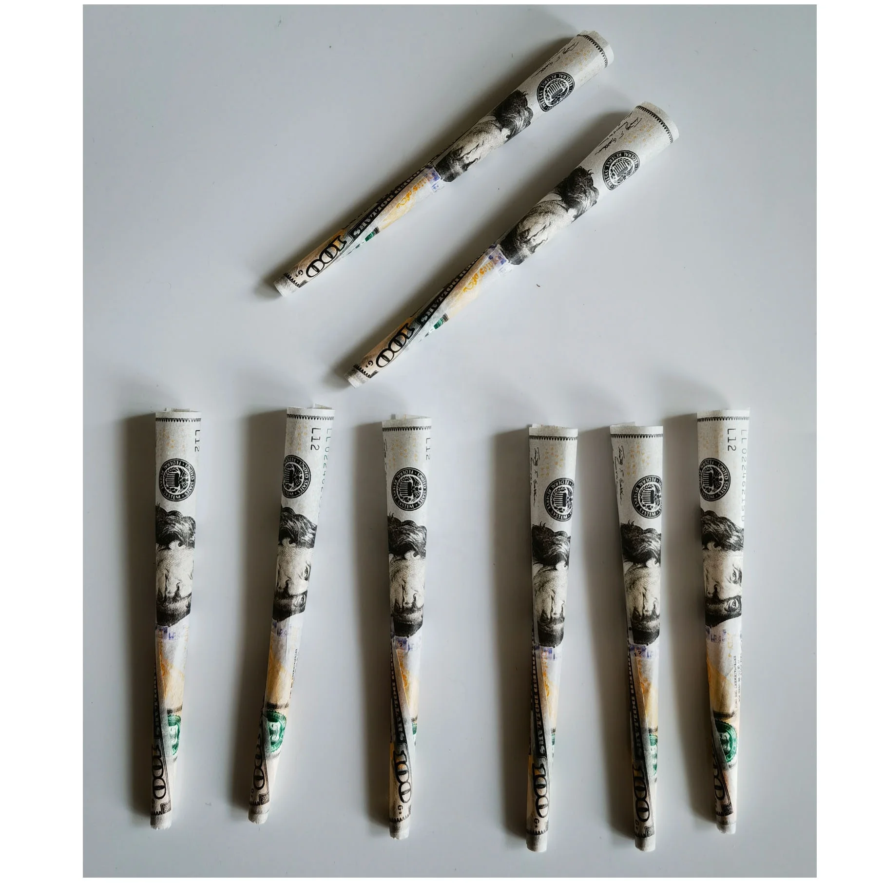 
Unique $100 dollar design Pre-Rolled Cones of king size 109x26mm - 800 Cones Per Box 