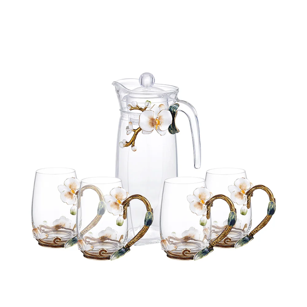 NOSHMAN Home Office Teaware Party Supplies Tea Set Glass Cups for Hot and Cold Drinks Enamel Crystal Glass Teapot Cup Set