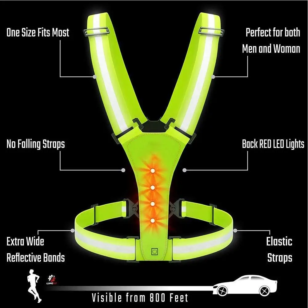 High Visibility Red Lamp Warning Outdoor Running Sports Adjustable LED Light Reflective Safety Elastic Vest Belt Strap