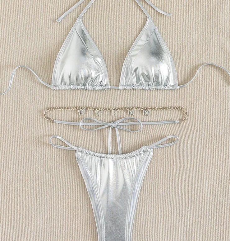NEW STOCK Ties Details Basic Swimsuit Metallic Bikini Set Jewel Ties Belt Silver 3Pieces Swimwear