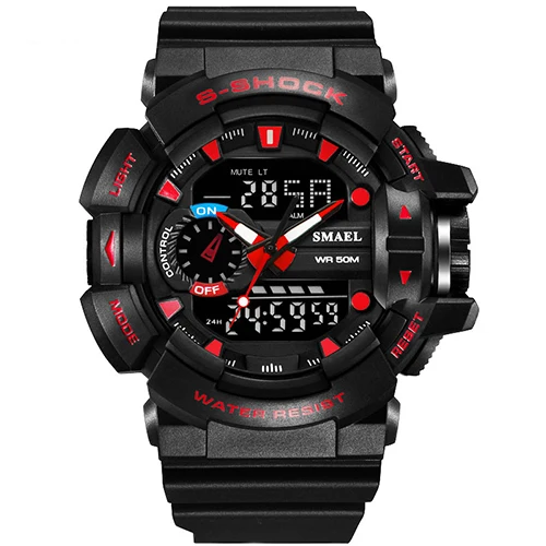 
Smael 1436 new fashion sport military cool red digital&quartz 5ATM water resistant plastic unisex wrist watches with PU strap 