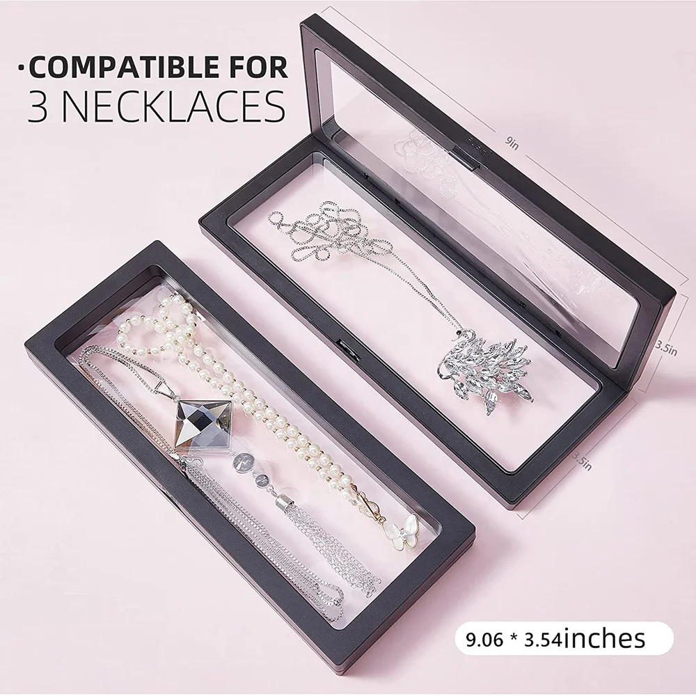 3D Transparent Floating Display Frame Holder Stands Jewelry Necklace Ring Bracelet Coin Suspended Black Gift Packaging Box case