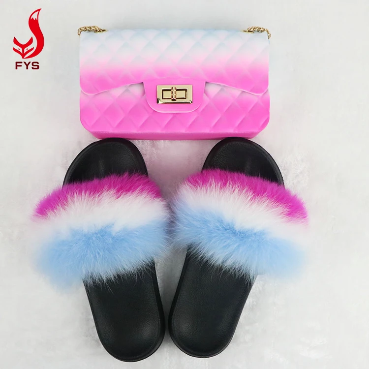 
OEM women kids children fur slippers matching handbag fur slides and purse vendor 