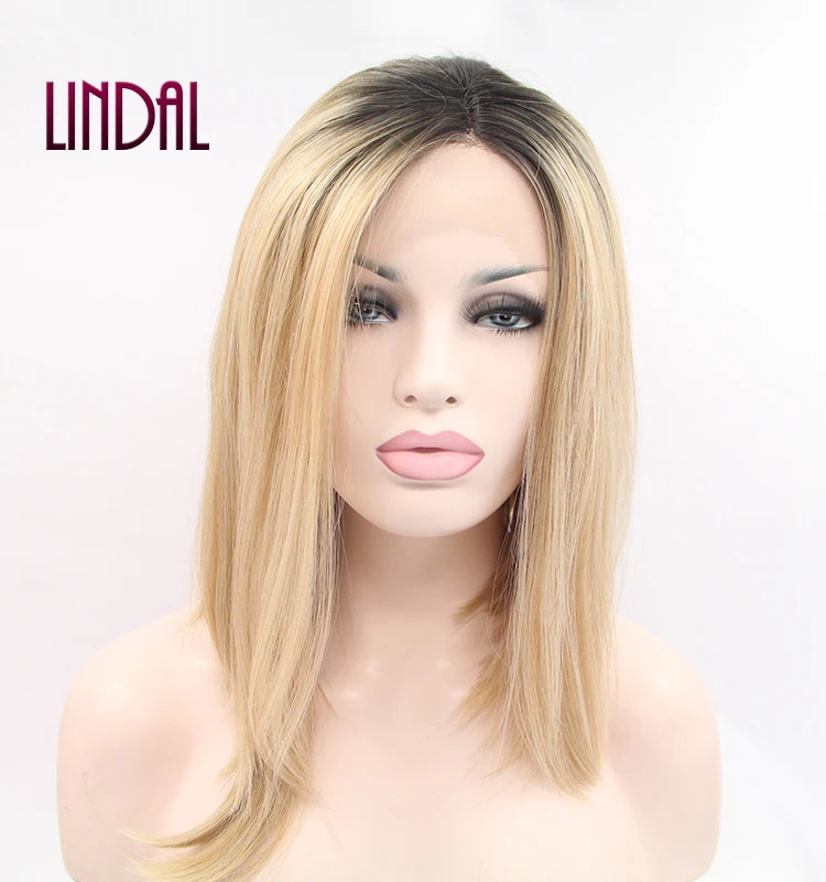 LINDALHAIR Ombre Black Blonde Lace Front Synthetic Wigs Short Straight Black Blonde Synthetic Wigs