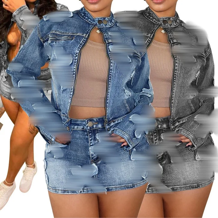 Wholesale Blue Zipper Jacket Mini Skirt Cotton Denim Set Embroidery Women Streetwear 2024 Jean Skirts Set