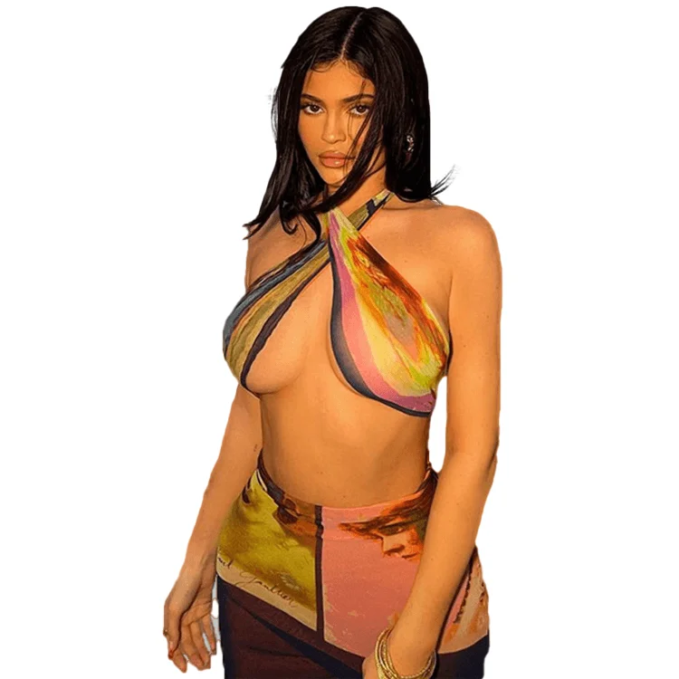 
2021 summer fashion trend ladies sexy lace-up slim bag hip net gauze print skirt Kylie Jenner the same paragraph 