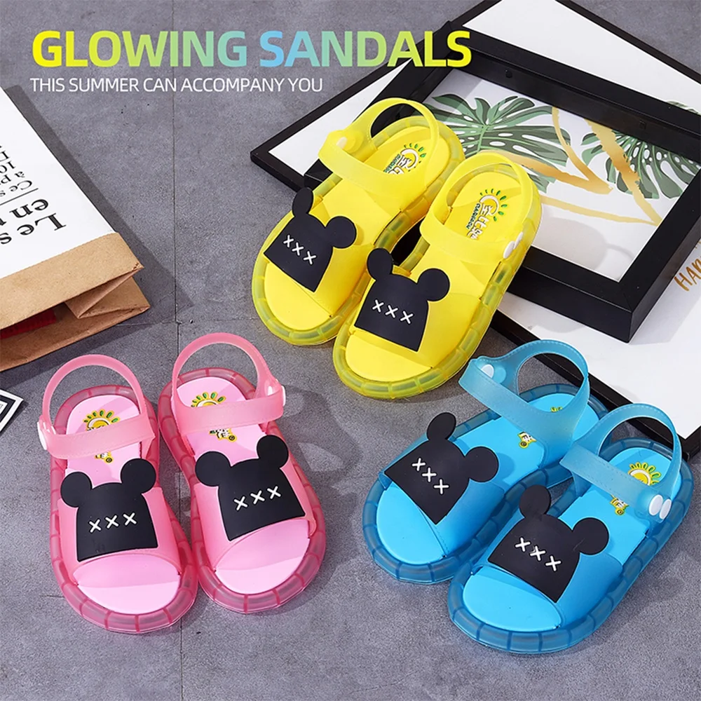 Baby Fashion PVC Flat Kids Glowing Shoes Boys and Girls Ankle-wrap Button LED Lights Children Sandals