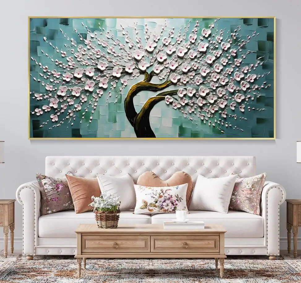100% Hand Painted Tree Plant Canvas Art White Flower Tree Wall Decor Painting Fashion Wall Decor Art Living Room