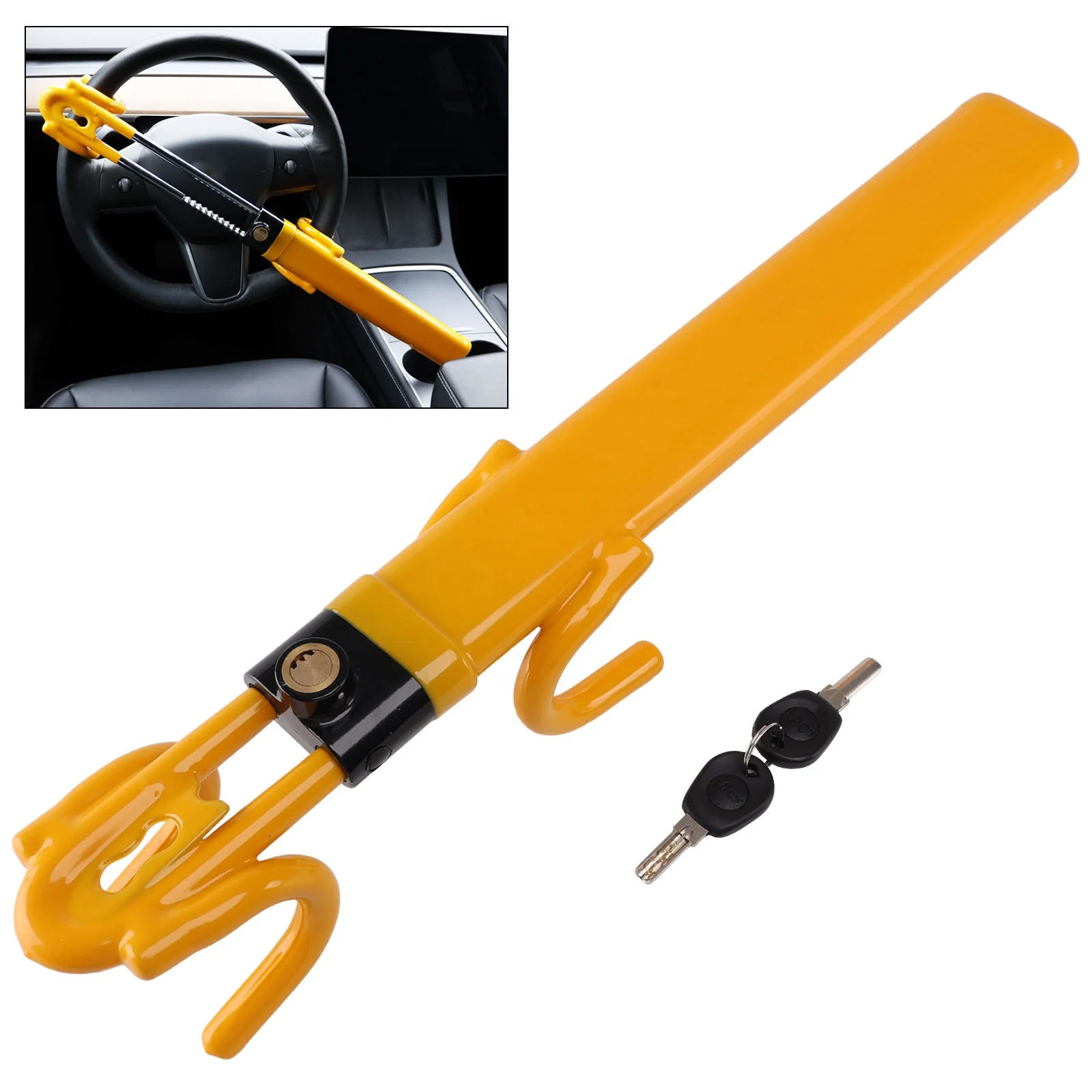 B-Steering Wheel Lock for Cars, Vehicle Anti-Theft Lock, Adjustable Length Clamp Double Hook Steering Wheel Lock Bar