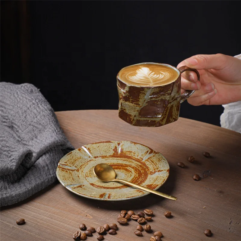 220ml Vintage Coffee Cup Saucer Set Handmade Cappuccino Mug Stoneware Artistic Tea Cup With Tray