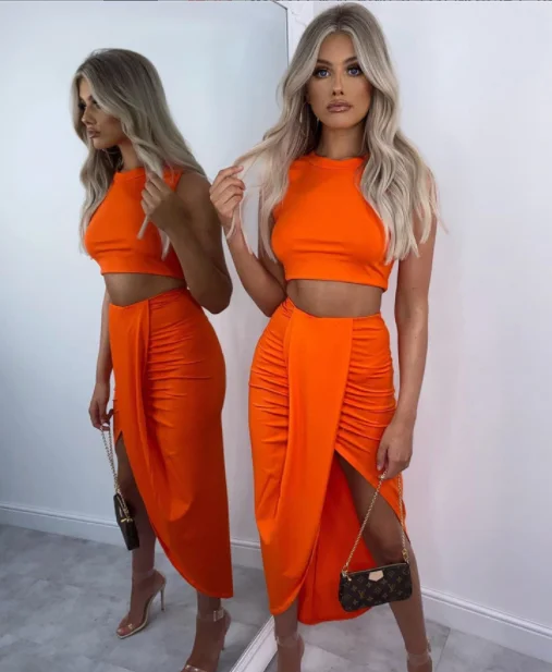 Ladies Sexy Tank Crop Top Draped Split Long Skirt Set Nightclub Party Wear 2 Piece Women Clothing Skirt Sets 2 Pieces