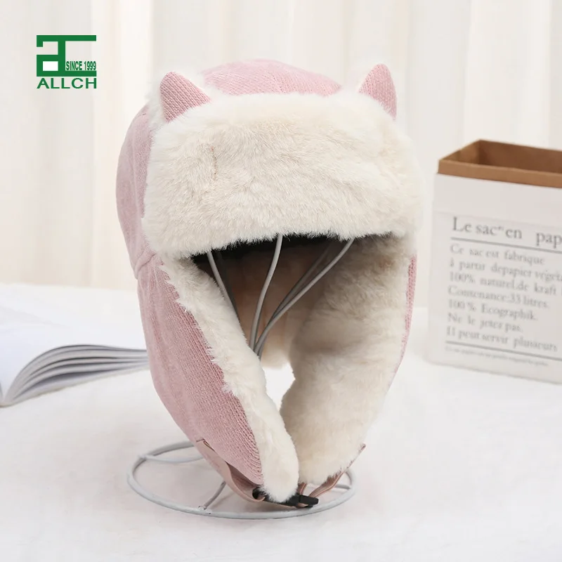 ALLCH Ear Flaps Girl Women Caps Trapper Hat Winter Hats Skating Bomber Windproof Animal Fur RTS Warm Cold Weather Outdoor Plush