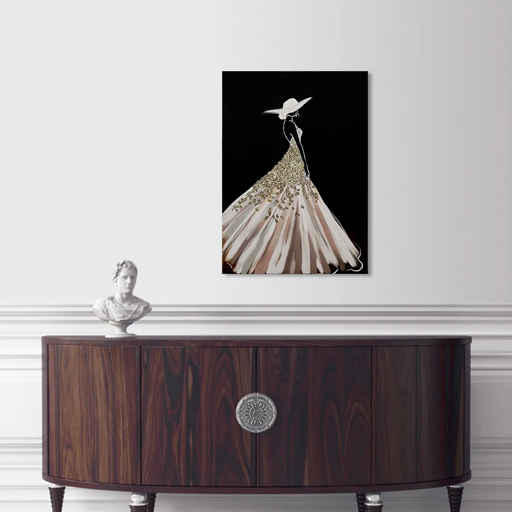 Modern Hand Painted Gold Glitters Dress Stretched Canvas Abstract Figure Artwork Home Decor Print On Canvas Custom Art Prints