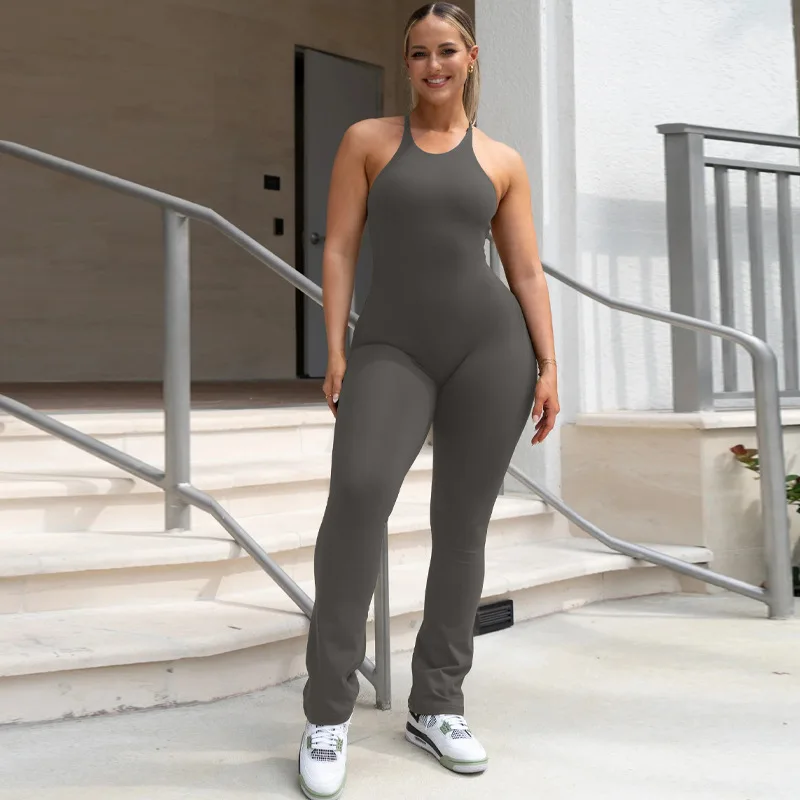 HANO Fashion New Sleeveless Neck Halter Solid Color One Piece Rompers Women Jumpsuit Backless Full Length Casual Sports Female J