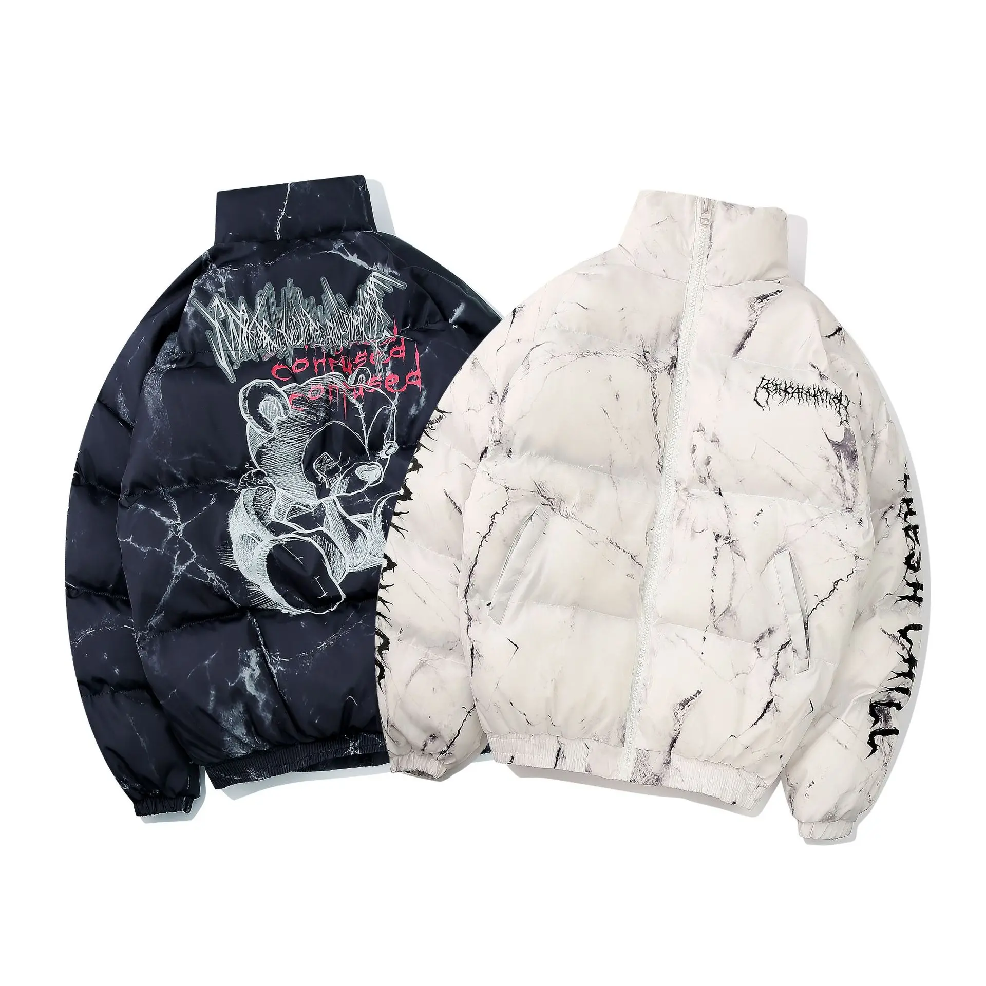 OEM Custom Design Hip Hop Parka Hurt Bear Print Men Winter Oversize Windbreaker Streetwear Warm Outwear Padded Jacket Coat