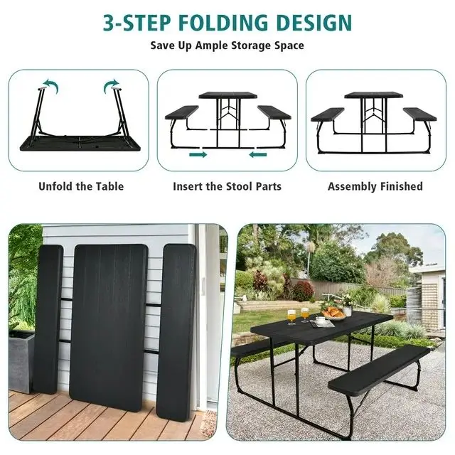 Portable Foldable Snack Outdoor Garden Furniture Picnic Set Camping Woodgrain HDPE Panel Top Table Metal Frame
