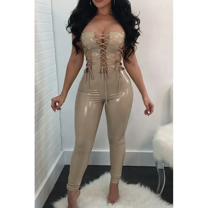 Сексуальный кожаный комбинезон на шнуровке без рукавов, без бретелек, клубный комбинезон, фетиш, Облегающий комбинезон