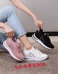 2023 Factory wholesale pink white flyweaving casual running shoes women height increasing sneaker