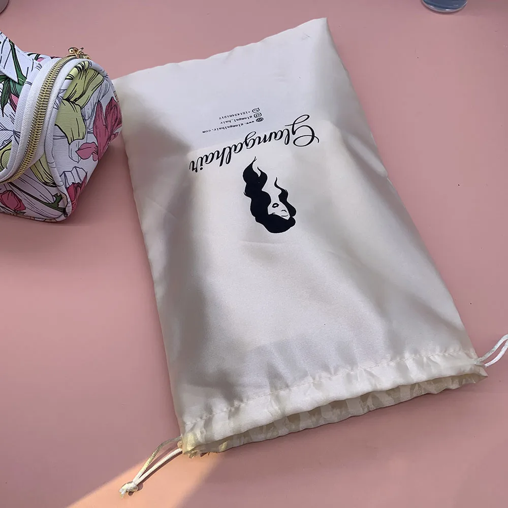 Beige  Custom Size Drawstring Satin Hair Extension Packaging Bags with Tassels
