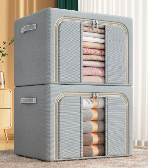 Solid color steel frame storage box foldable closet system organizer transparent storage clothes bins toy storage box