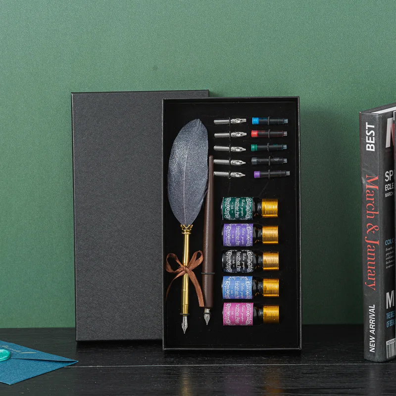 New arrival calligraphy pen vintage feather fountain pen gift set with 5 nibs,Ink sac and colorful ink