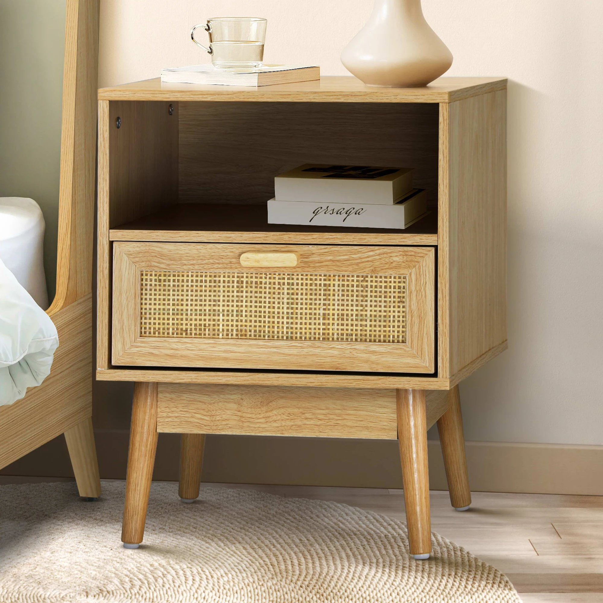 modern nightstands bedside table with open space and 1 rattan drawer furniture for bedroom and living room