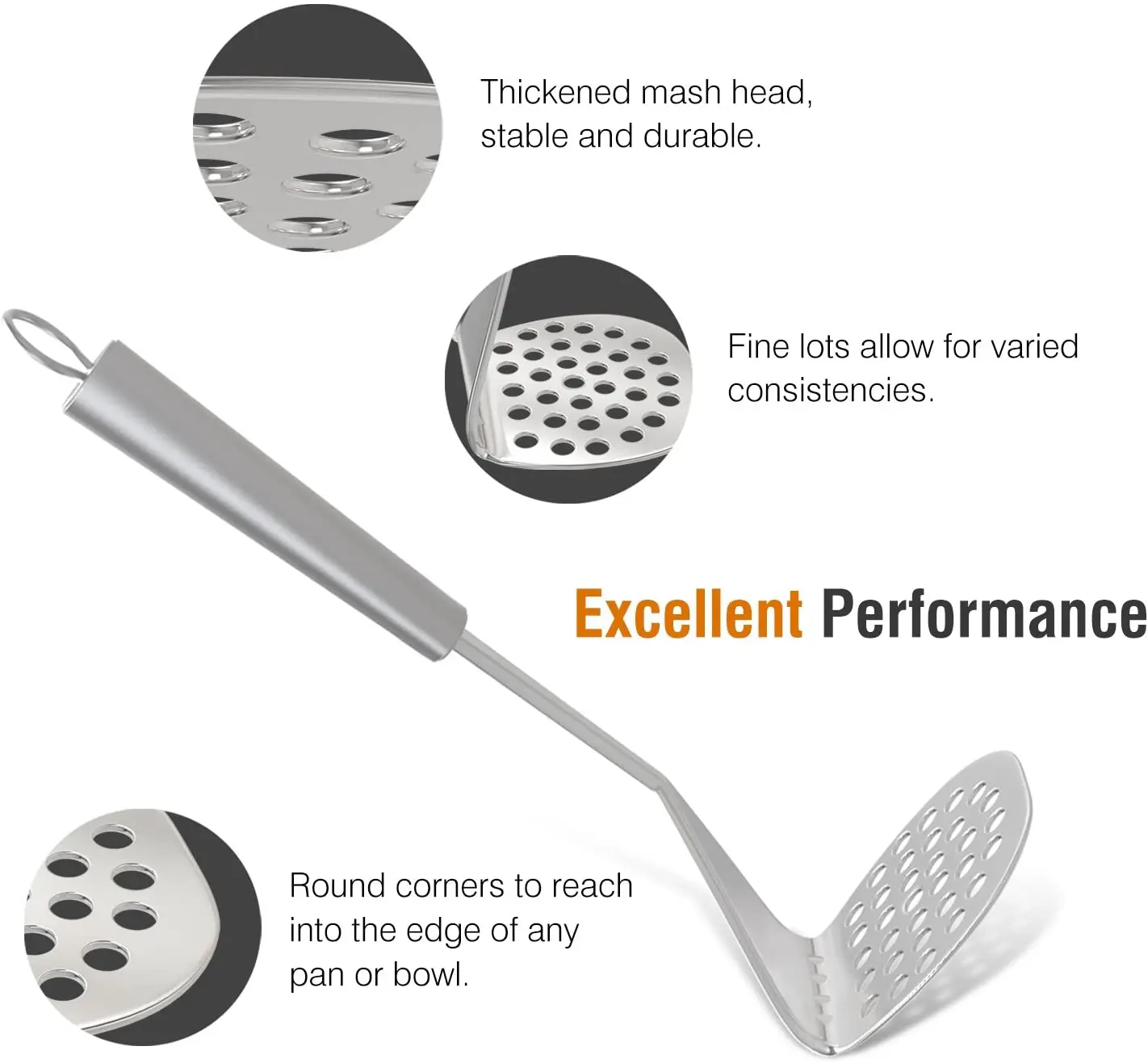 Stainless Steel Potato Masher with Fine-grid Mashing Plate and Stainless steel handle potato masher ricer