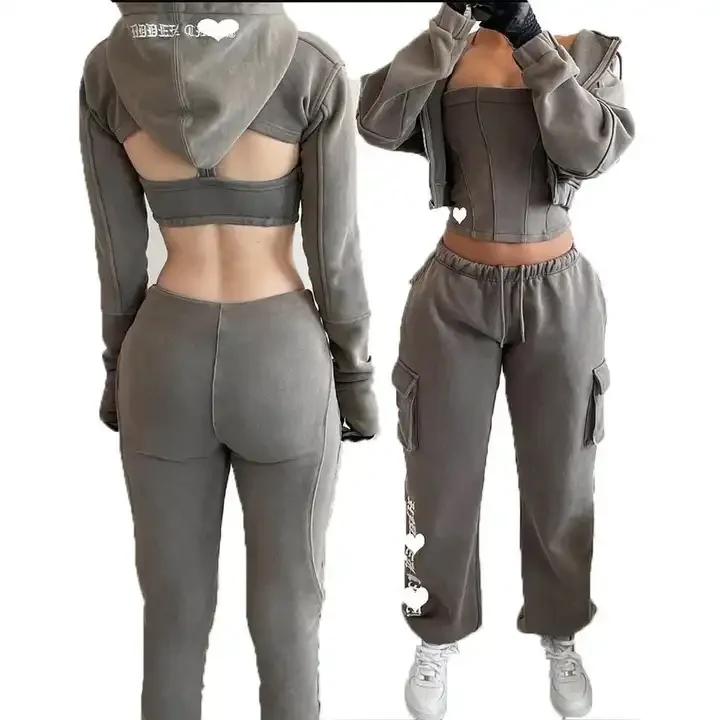 Wholesale Street Wear Women Acid Wash 3d Pocket Cargo Pants Halter Corset Zip Up Cropped Hoodie 3 Piece Set Women