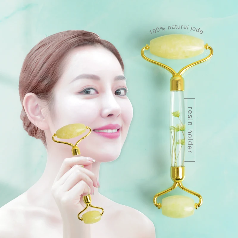 
Jade yellow jade roller infused flower gua sha face jade natural with box 