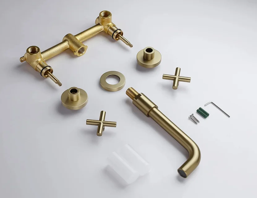 Brushed Gold Brass Bathroom Tap, Double Handle Three Holes Wall Mount Bathroom Sink Faucet and Rough in Valve Included