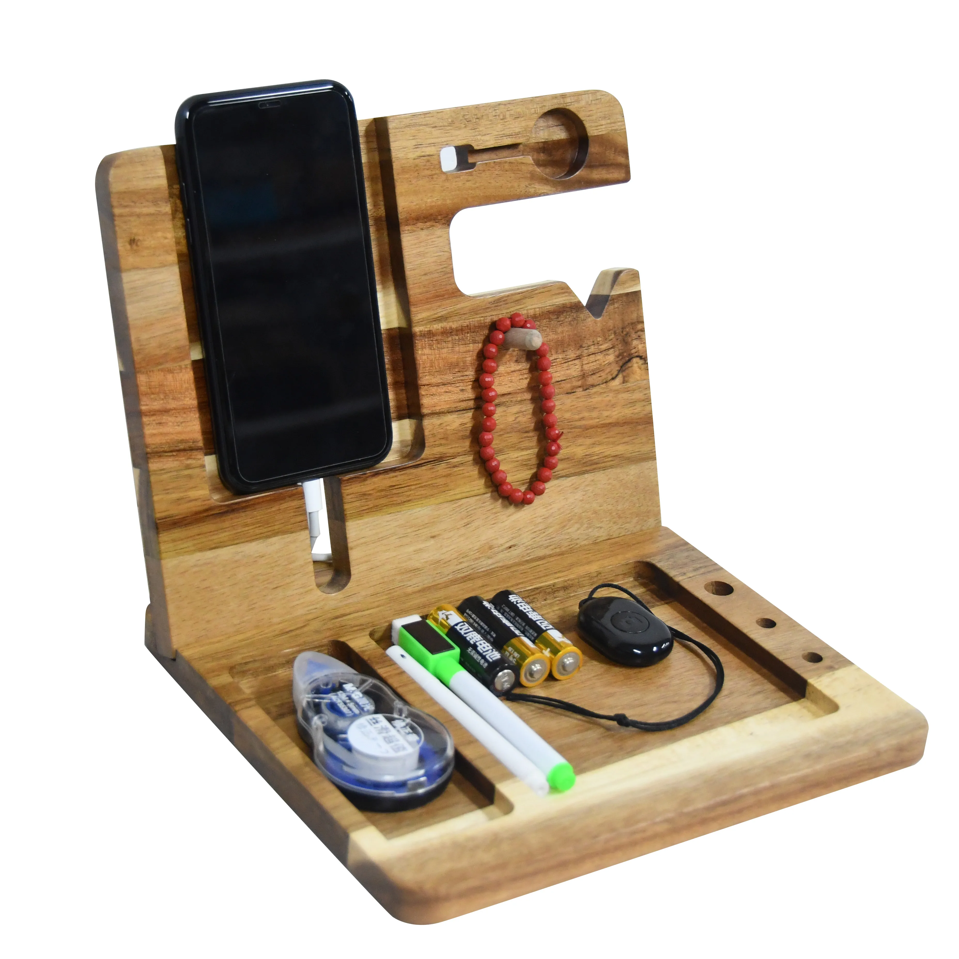 Wood Phone Docking Station, Key Holder, Wallet Watch Organizer Stand