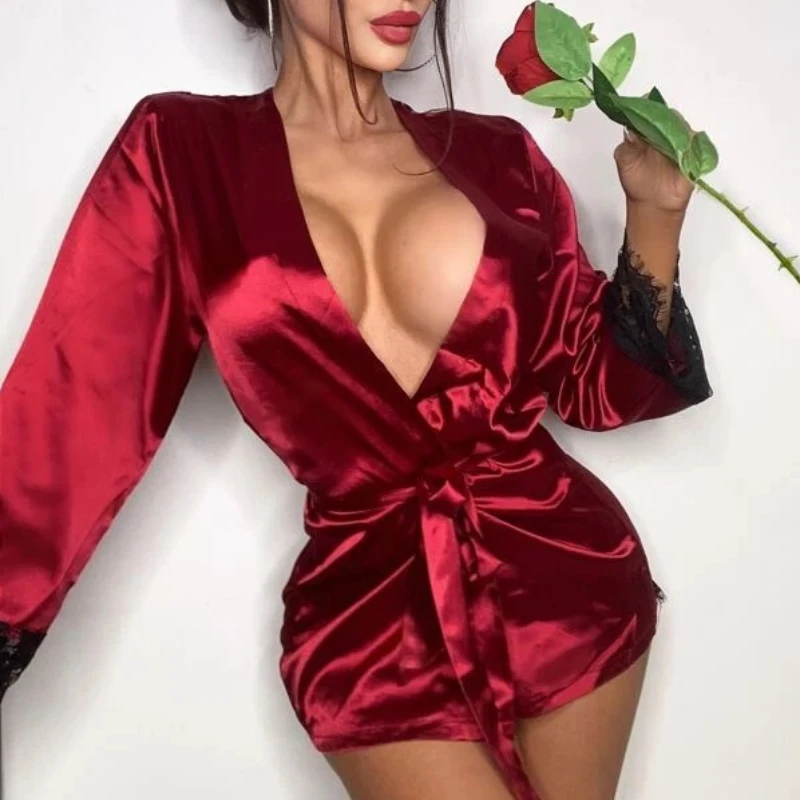 HY Unique Design Satin Lace Robe Transparent Lace Night Robe Sexy Clothing Sexy Lingerie Womens Sexy Underwear