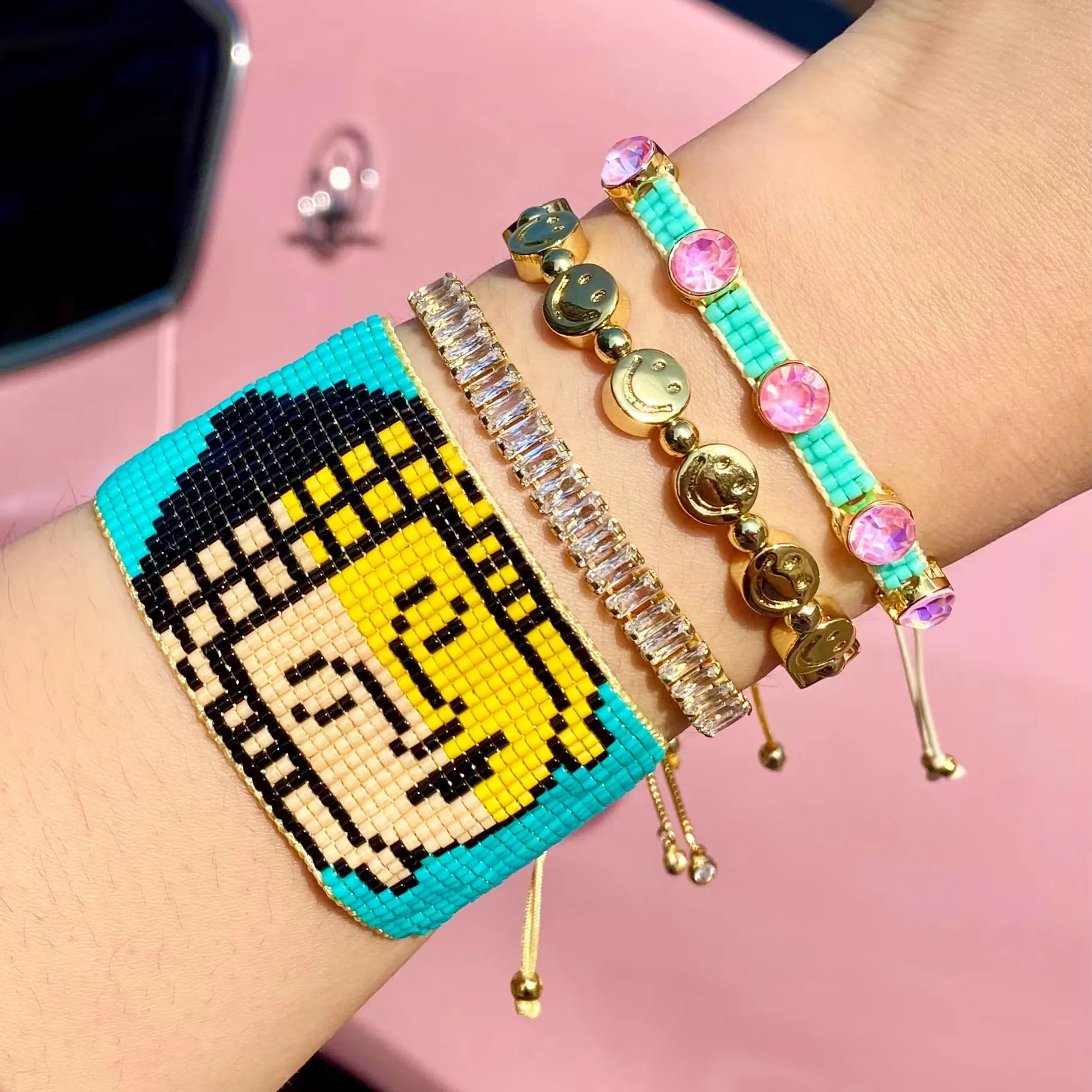 Charm Fashion Smile Copper Micro Diamonds Sakyamuni Cute Simple Bracelet Miyuki Bead Adjustable Set